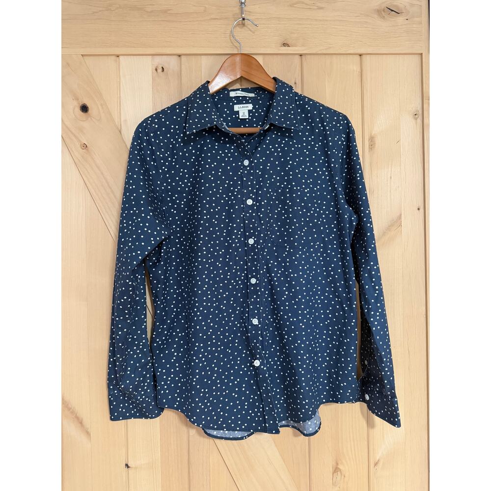 L.L. Bean | Wrinkle Free Pinpoint Oxford Shirt Navy White Polka Dot | Size M